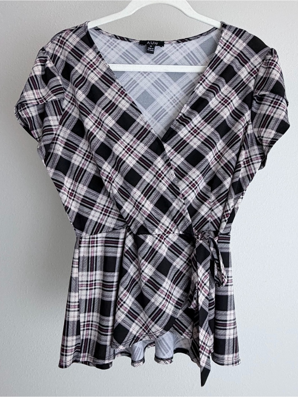AUW Black, White & Pink Plaid Wrap Blouse